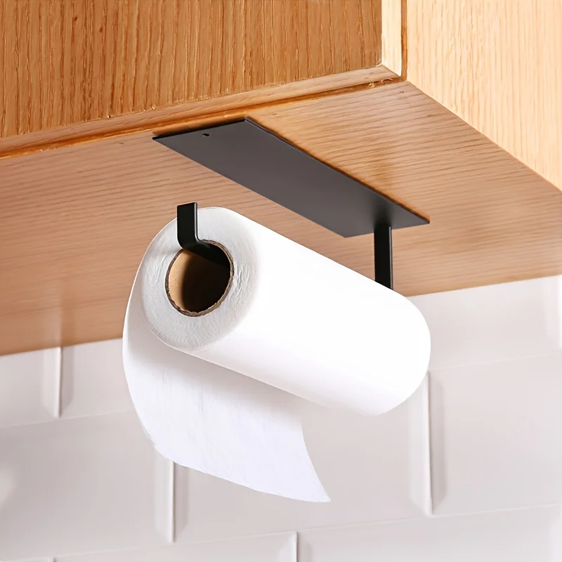 Kitchen Carbon Steel Paper Towel Holder No Punch Cabinet Paper Shelf Household Roll Paper Hanger Plastic Wrap Rag Storage Rack