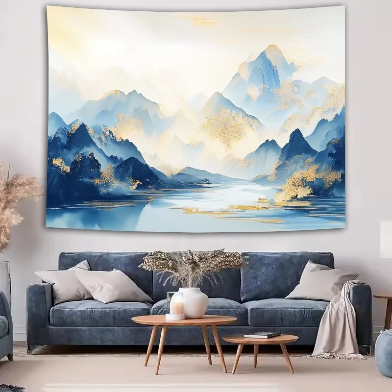 VIKAMA Mountain Chinese Ink Painting Tapestry Wall Hanging, Wall Art for Living Room Bedroom Office Study Room Tea Room Decor