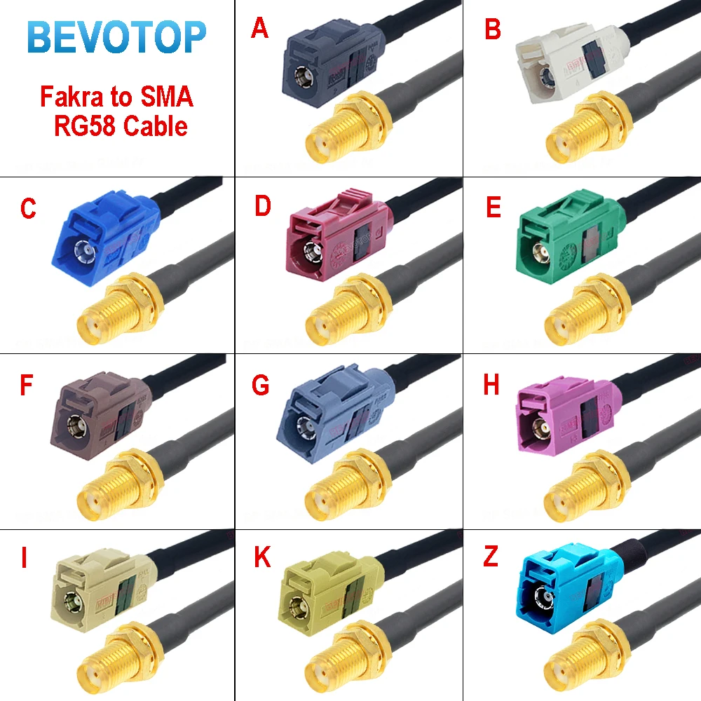 RG58 Fakra Cable Code A/B/C/D/F/G/H/I/K/Z Female Jack to SMA Female Jack Wire Harness RG58 Jumper BEVOTOP Auto Cable 10CM ~ 30M