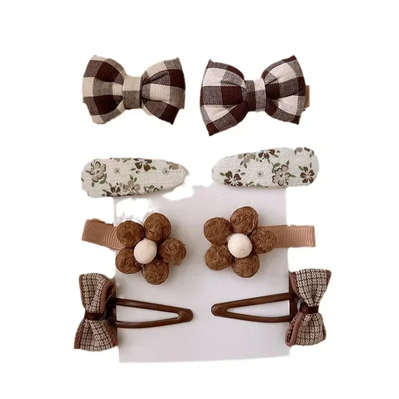 8pcs/set Cute Fashion Kids Girl Hair Clip Beige Coffee Color Floral Bow Hair Tie Fabric Hair Pin Baby Girl Hair Accessories