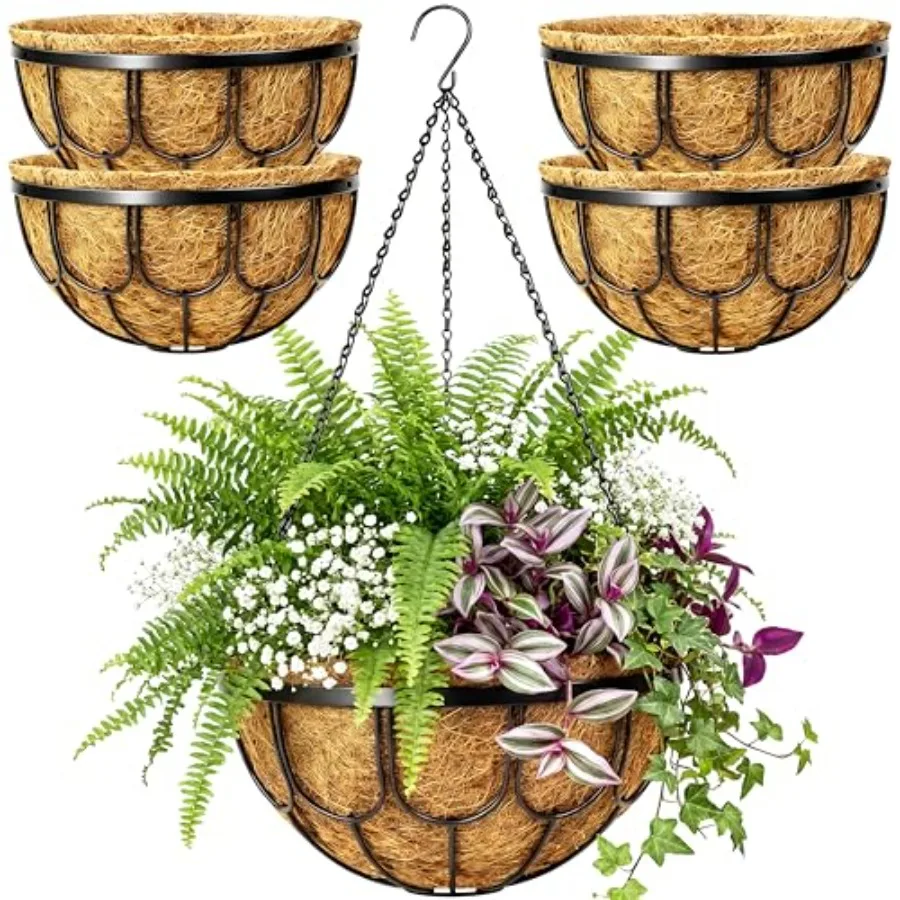 

Набор из 4 подвесных кашпо для уличных растений, 14 дюймов, черные металлические проволочные подвесные корзины для цветов с вкладышами из кокосового волокна, большие подвесные контейнеры