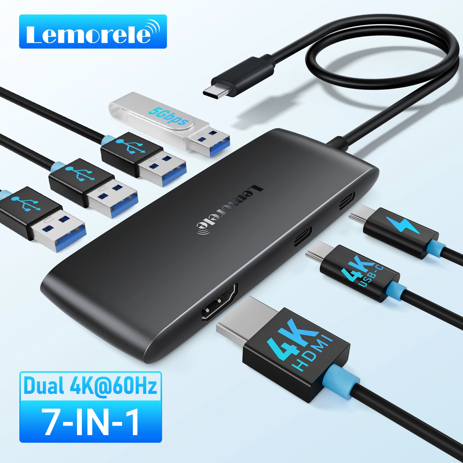 Lemorele  TC550 7-In-1 USB HUB Type-C 3.0 Docking Station Splitter with HDMI DP USB C PD 100W 5Gbps for MacOS Windows LinuX