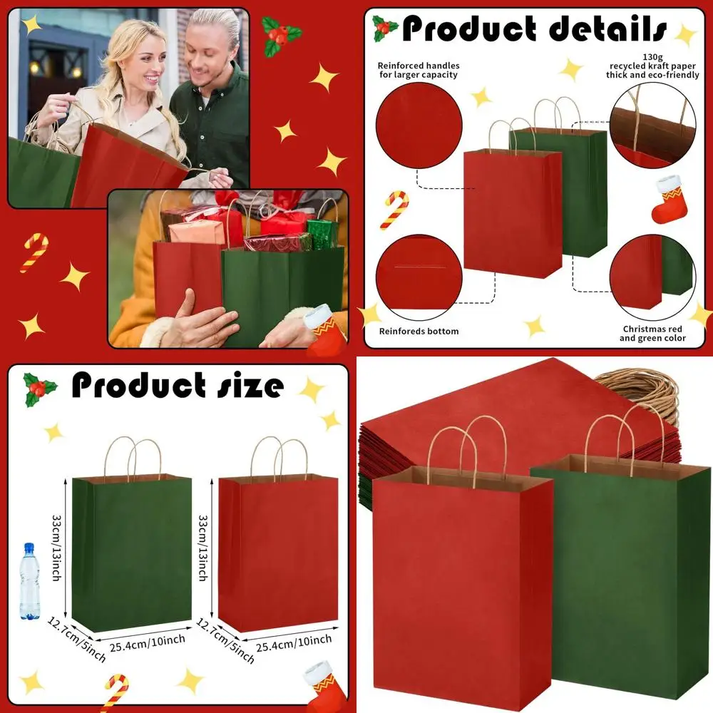 

Set of 100 Red & Green Christmas Gift Bags with Handles, Ideal for Holidays, Weddings, Showers, Parties & Business