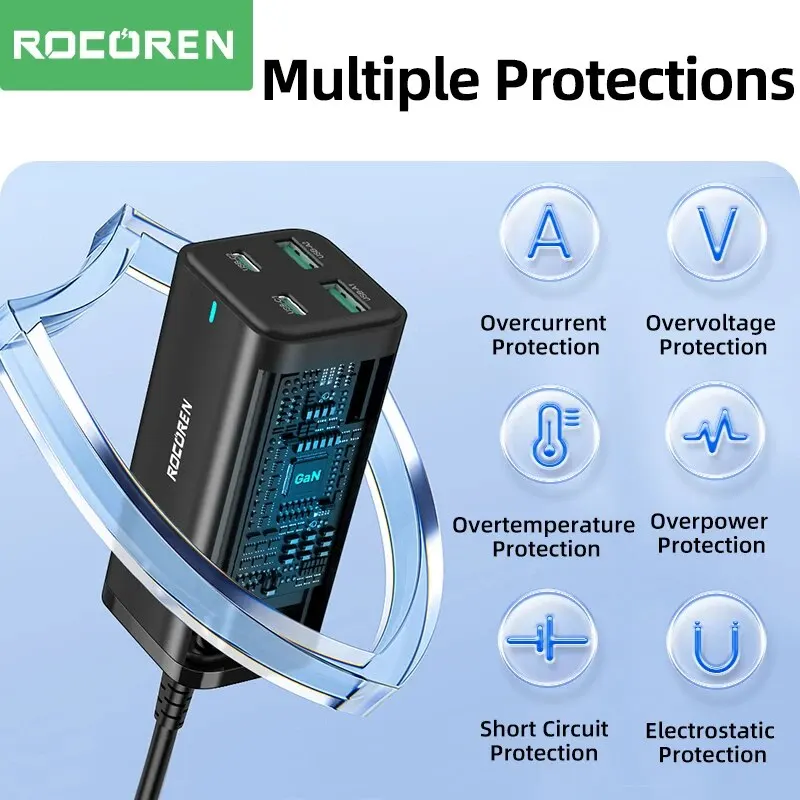 Rocoren GaN 100W Desktop Charger Quick Charge 4.0 QC 3.0 PD USB-C Type C USB Fast Charging For MacBook Pro Samsung iPhone Laptop