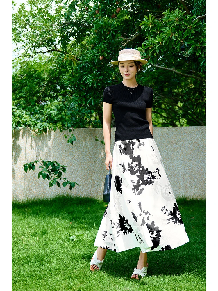 

Элегантная романтическая юбка-зонтик из льна с принтом, с дизайнерской отделкой на талии, повседневная женская миди-юбка, модная коллекция весна