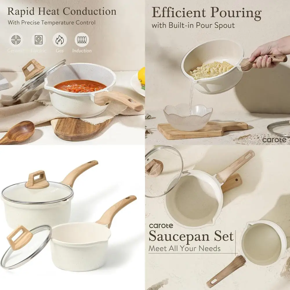 

Nonstick 1.5 & 3.0 Qt Cookware Set with Lids, Pour Spout, White Granite Finish, Induction Compatible