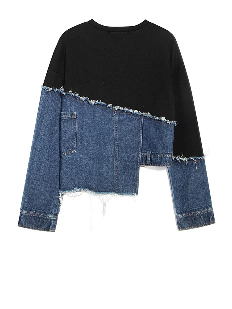 Fmxies New Loose Fit Denim Burr Split Asymmetrical Sweatshirt New Round Neck Long Sleeve Women Big Size Fashion Autumn 2025