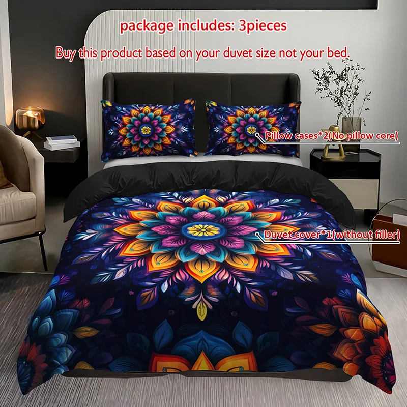 

3pcs Mandala Floral Bedding Duvet Cover Set Bohemian Mandala Bedding Quilt Set Bohemian Themed Bed Quilt Set Vibrant Mandala