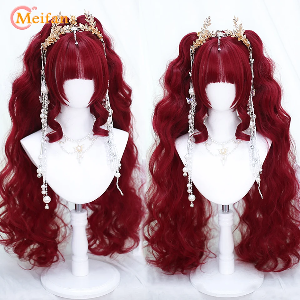 Meifan Synthetische Lange Golvende Krullende Paardenstaart Lolita Pruik Met Pony Meisje Schattige Ombre Blonde Cosplay Party Halloween Harajuku Pruik