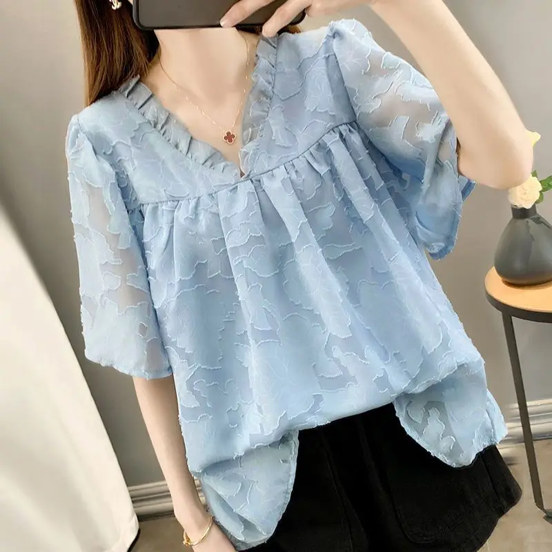 Fashion V-Neck Solid Color Spliced Ruffles Blouse Women\'s Clothing 2024 Summer New Oversized Casual Pullovers Loose Korean Shirt