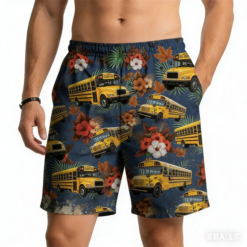 Men's School Bus & Tropical Floral Print Beach Shorts Casual Hawaiian Style Quick Dry Swim Trunks Vacation Surfing Shorts