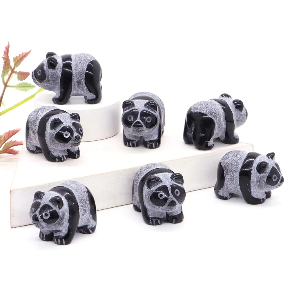 

1.5" Cute Panda Statue Natural Black Obsidian Crystal Reiki Healing Stone Carving China Bear Figurine Craft Home Decor Toys Gift