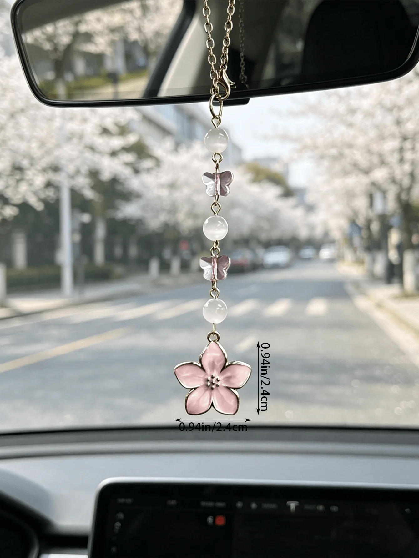 Oil-Drip Alloy Cherry Blossom Car Hanging Ornament, Women's Rearview Mirror Accessory, Exquisite In-Car Decor Pendant,