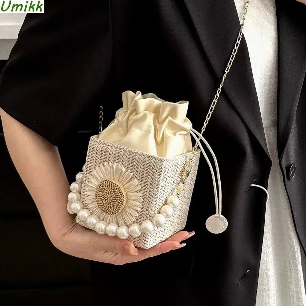 

Women Square Crossbody Bag Lightweight Breathable Straw Pearl Shopping Bag for Leisure Travel Vacation with Sun Flower Ornament