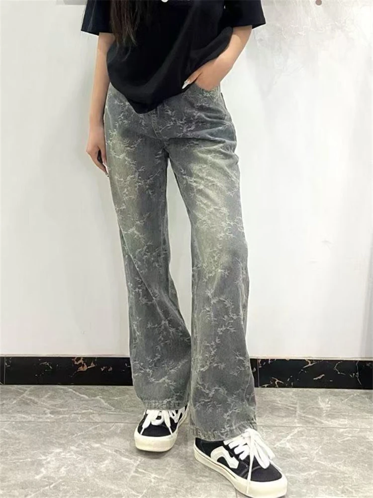 

Women's Retro Tie Dye Street Style High Waisted Jeans Summer Trousers Cool Girl Casual Bottoms Female Wide Legs Denim Pants