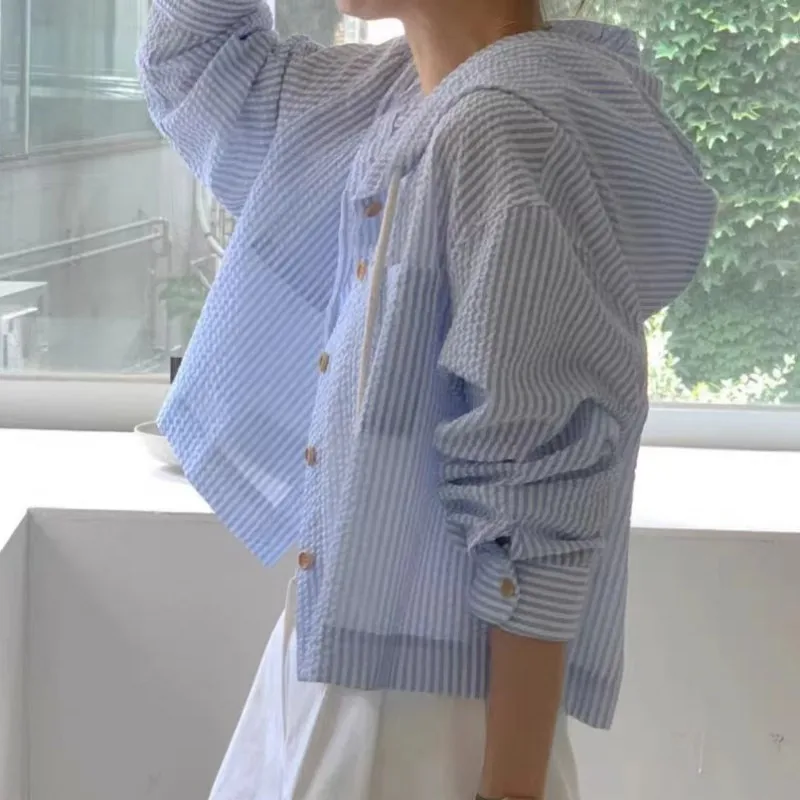Women Shirt Hooded Button Down Striped Shirt Hoodie Loose Crop Hooded Blouse Spring Summer Casual Outfit