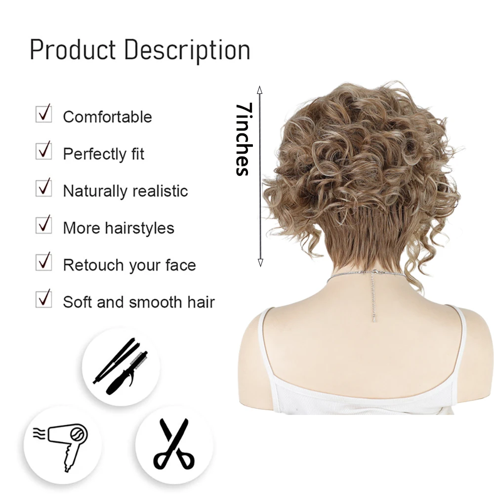 Glueless Short Curly Pixie Wig For Women Mixed Brown Blonde Highlights Natural Heat Resistant Synthetic Hair Daily Party Cosplay