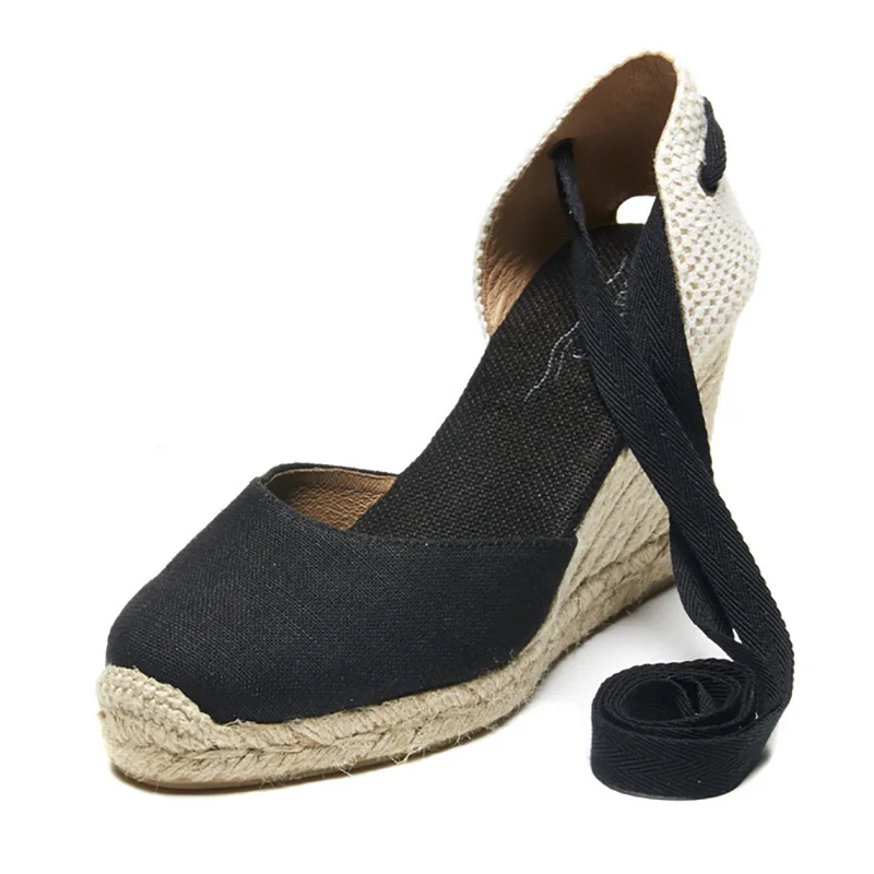 Women's casual shoes with large-size hemp rope wedge heels with thick soles and strap top