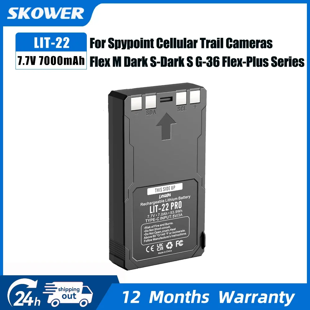 SKOWER 7000mAh Rechargeable Lit-22 Battery for SPYPOINT Flex-M Flex G-36 Flex-Plus Flex-S Flex-Dark Cellular Trail Cameras