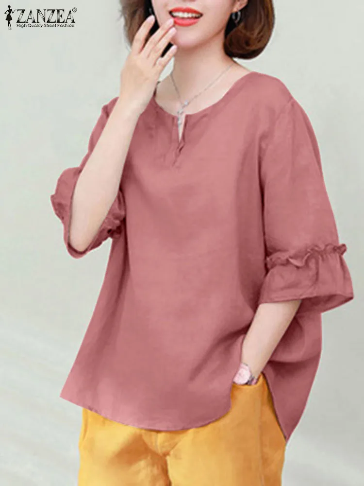 

Women Elegant 3/4 Sleeve Solid Blouse ZANZEA Summer Casual OL Work Tops Stylish V Neck Ruffles Shirt Female Holiday Blusas Tunic