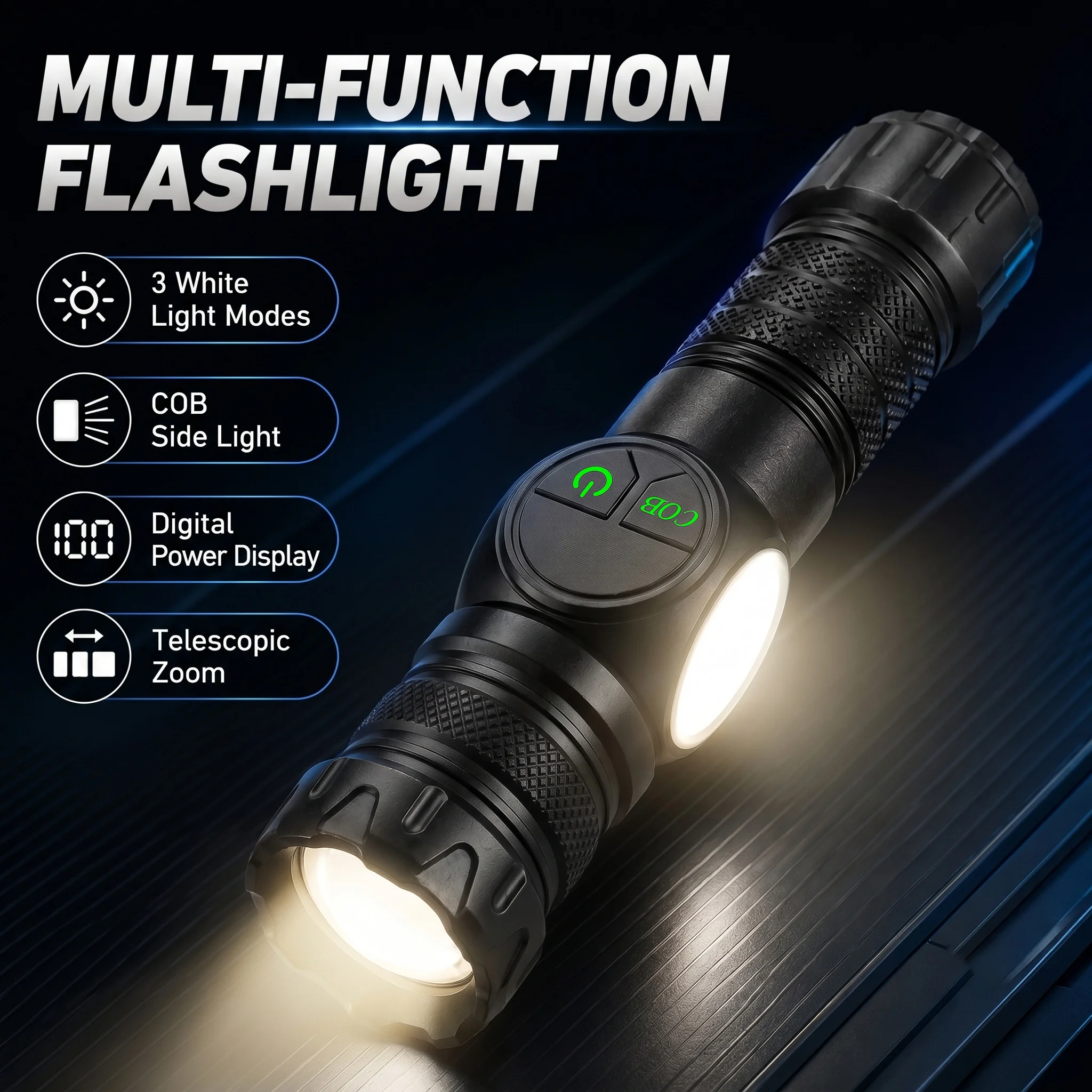 Led Flashlight Cob Camping Light Two-In-One, Spotlight Flashlight Plus Circular Cob Warm Light Side Light, Dual Buttons on Top Control the Main Light and Side Light Separately, Black Knurled Anti-Slip Body, Outdoor Camping Tent Ambiance Light, Camp Light, Night Fishing Inspection and Maintenance Work Light, Home Emergency Lighting, Portable Flashlight, Dual-Purpose Camping Light, New Outdoor Light