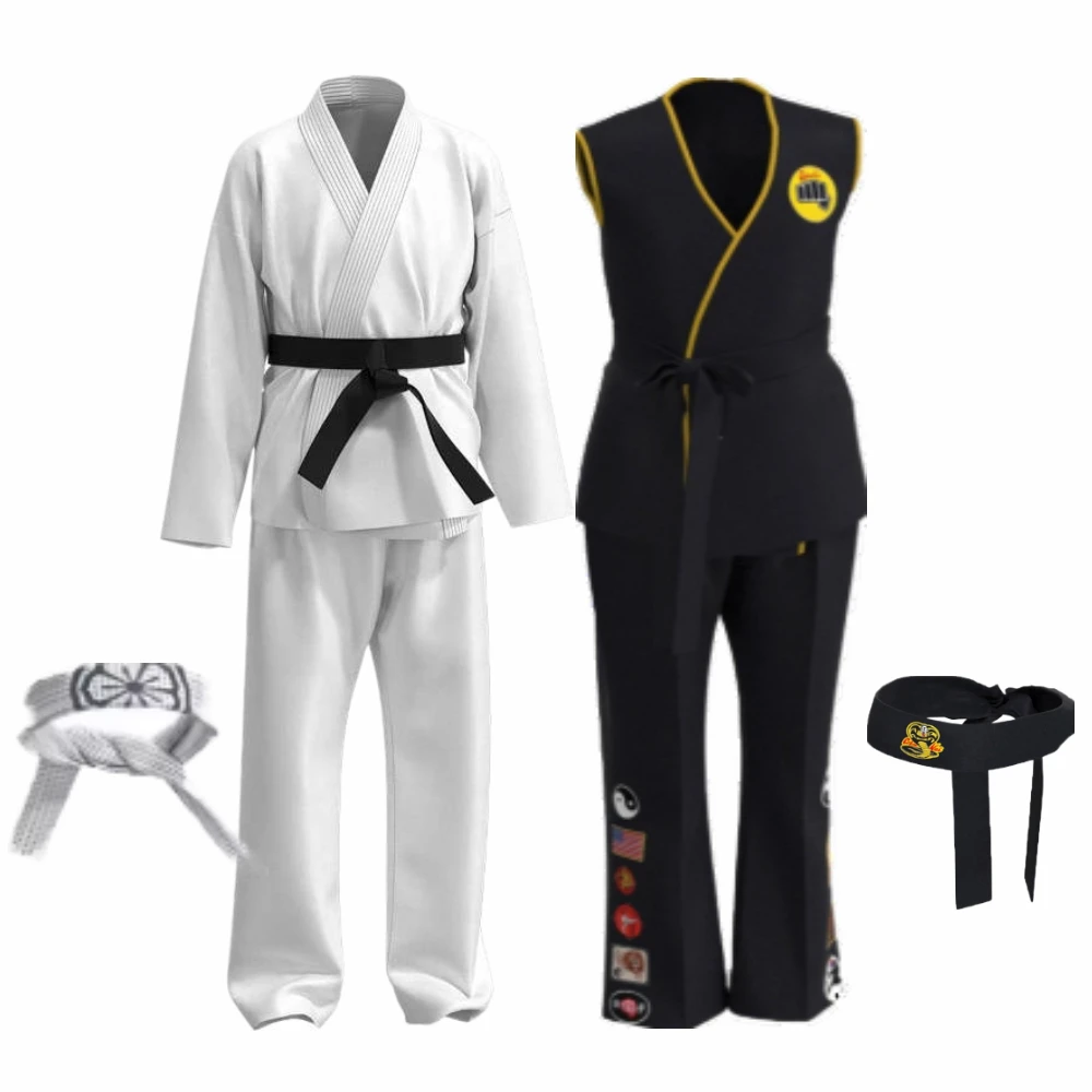 Karate Kids KOF Cobra Kai Cosplay Costume Kid Adult Black White Kimono Uniform Headband Anime Halloween Party Suit Tracksuit
