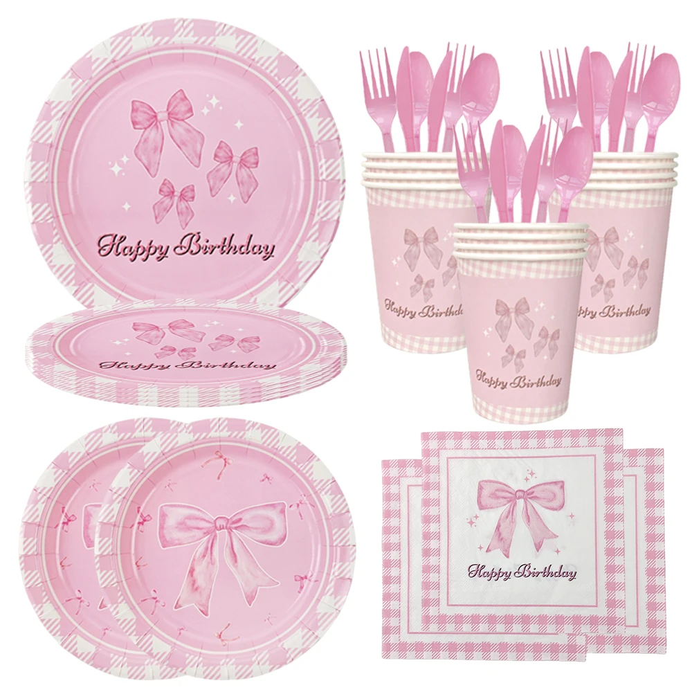 Girls Favor Pink Bow Pattern Disposable Tableware Paper Plates Cups Napkins Birthday Party Wedding Baby Shower Decor Supplies