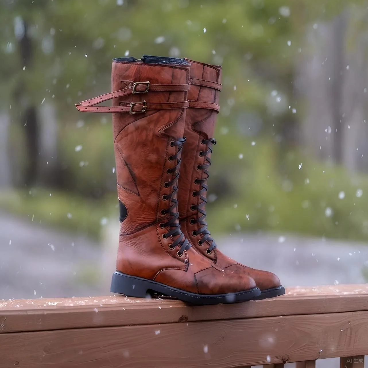 

Men's Leather Knee-High Combat Boots Lace-Up with Double Buckle Strap for Winter Riding Rugged Vintage Fashion Statements