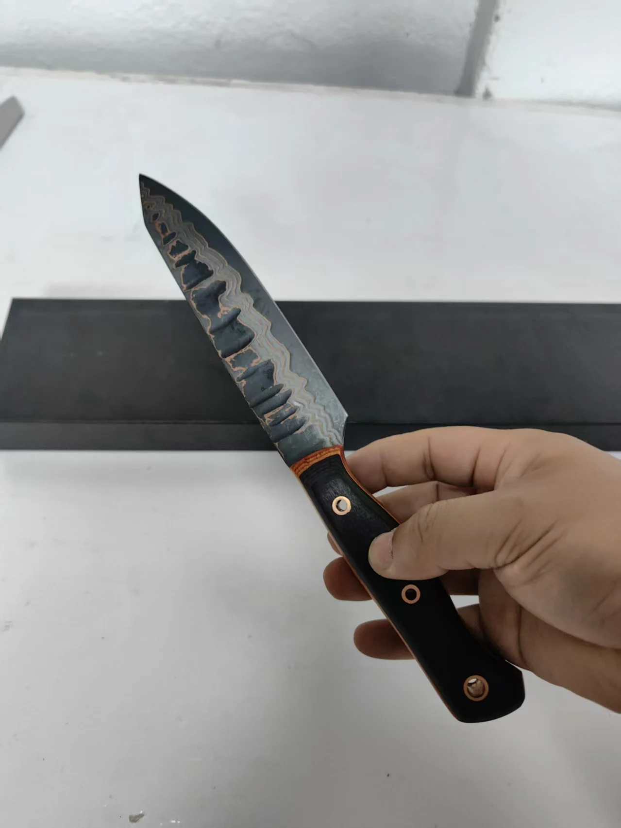 5.2 Inch Utility Knife Tricolour Copper Damasus Steel Blade Barbecue Cleaver Paring Handmade Forged Kitchen Knives Wood Handle