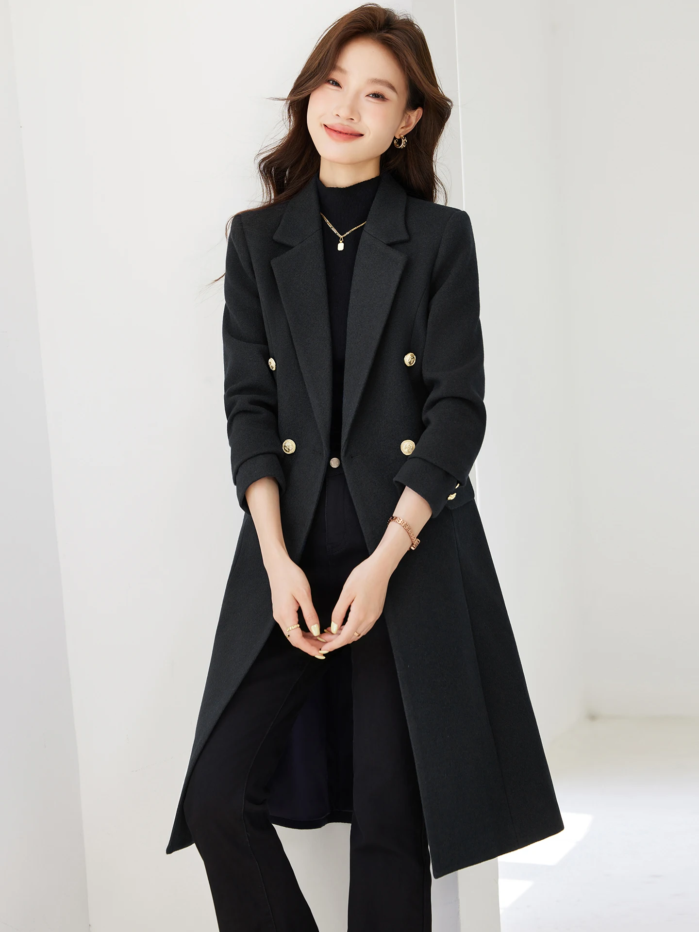 

Women's Mid-Length Woolen Suit Coat Spring Autumn Professional Dress Slimming Elegant Style Long Sleeve Button Pocket