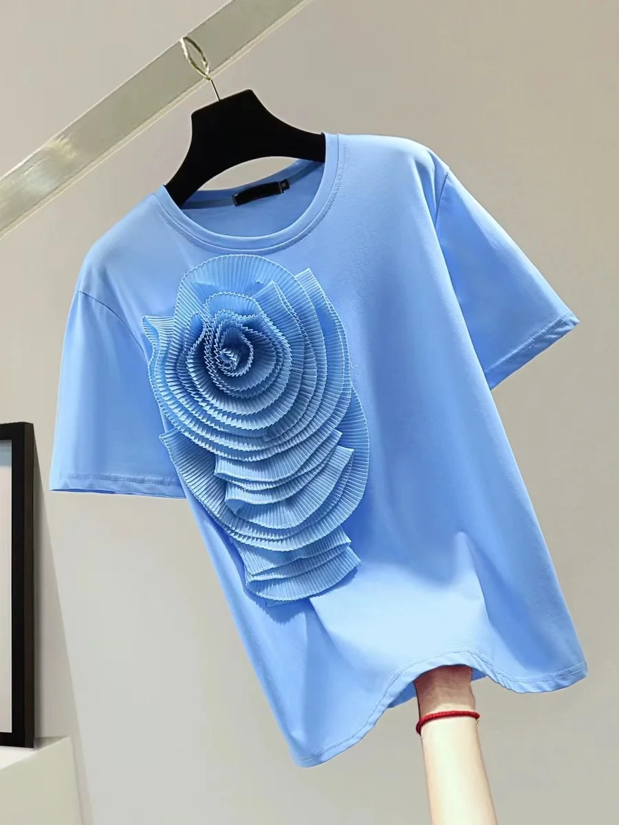 

Summer Cotton Comfortable T Shirt For Women Flower Stitch Loose Short Sleeve O-neck T-shirt Female 2024 New Fashion Tops Tees