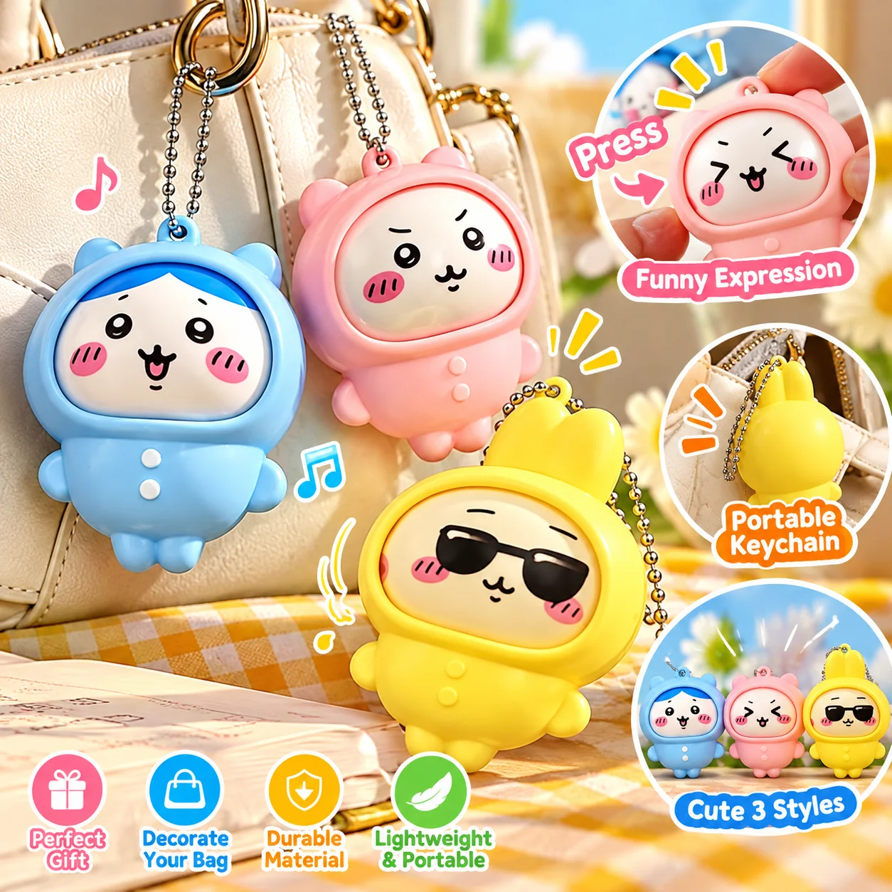 Cartoon Press to change expression Jikikawa Hachiware Usagi Keychain Pendant Cute Doll Backpack Decoration Nice Gift Anime Love