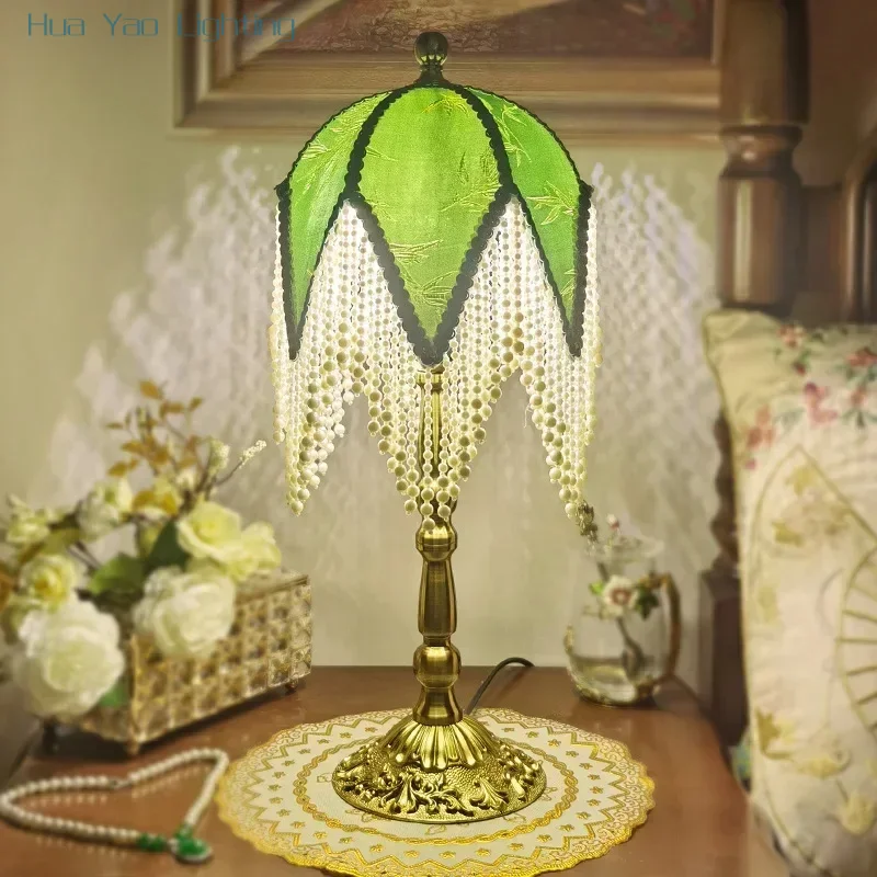 French Floor Lamp Retro Tassel Design Green Patterned Fabric Lampshade Princess Bedroom Bedside Light Living Room Decor
