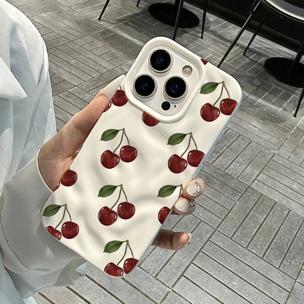 Koreanische Kirsch-Design Handyhülle aus Weichem Silikon für iPhone 17 16 15 14 13 12 11 Pro Max 14 Plus 17Air Falten-Wellen-Abdeckung – Detail 4