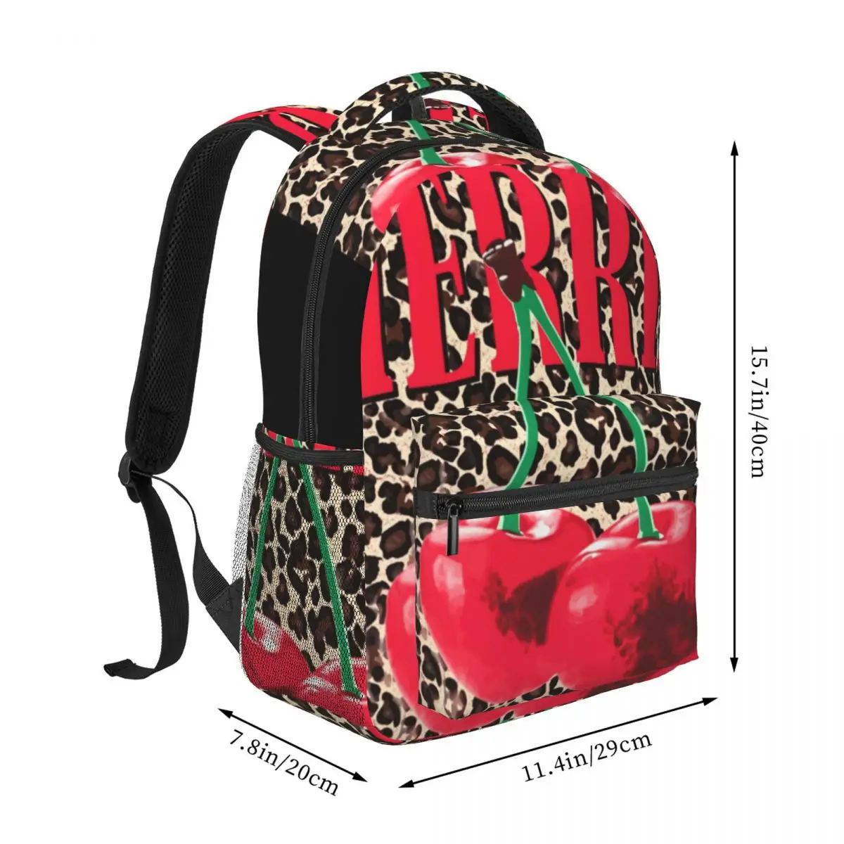 Aesthetic Student Backpack Center Cherries Leopard Print Y2K Retro Glam Red Brown Cream Casual Daypack for School Work Outdoor