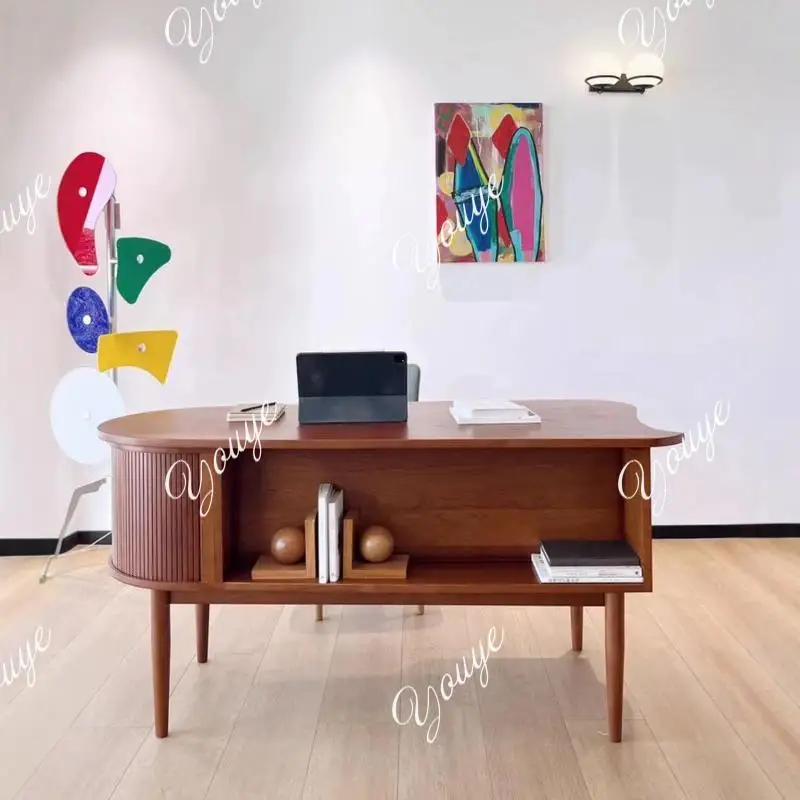 Medieval style cherry wood solid wood retro curved rolling shutter door multi-functional double-sided desk