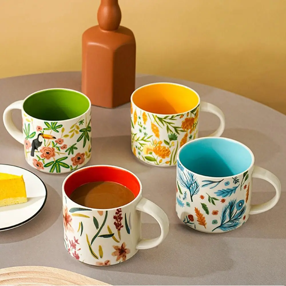 Birthday Presents Creative Ceramic Mug Floral Colored Porcelain Tea Cup Portable with Handle Water Cup Drinkware