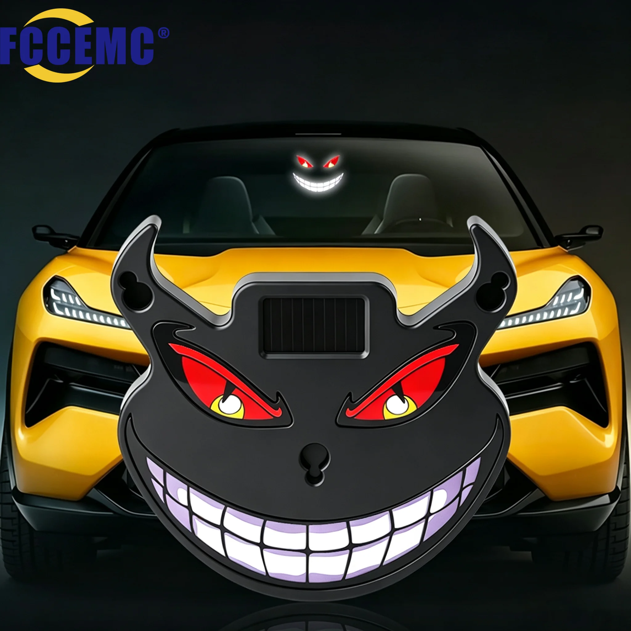 Solar Powered Devil Face Car LED Warning Light Suction Cup Mount Wireless No Wiring Windshield Strobe Flash Decor Safety Lamp