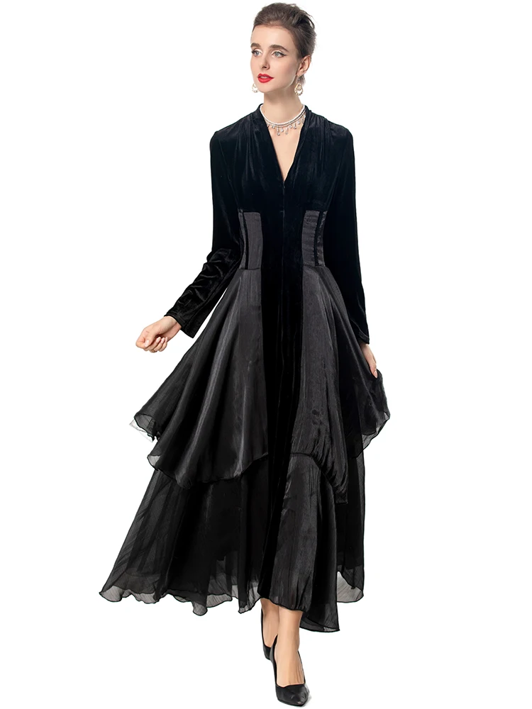 Seasixiang Black Velvet Patchwork Dress For Women V-Neck Long Sleeves Lace-up Elegant Party Long Dresses Fashion Autumn Female