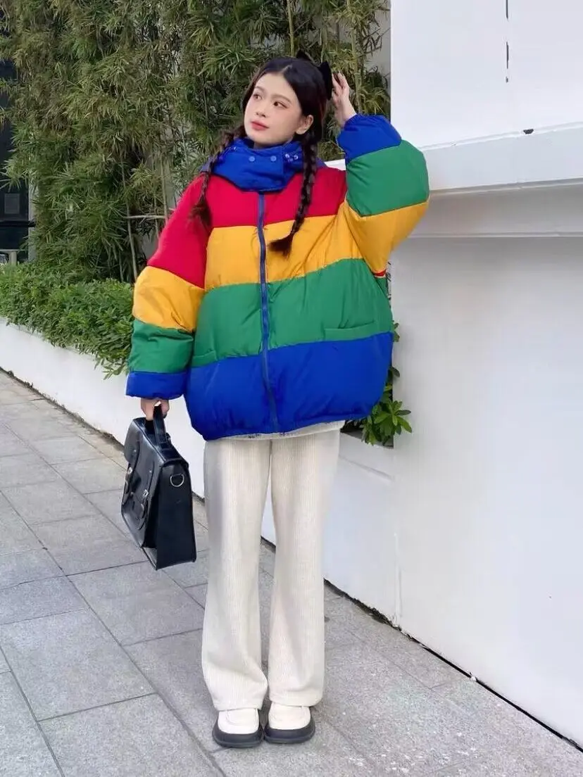 

Women Rainbow Colorblock Striped Quilted Puffer Jacket Hooded Outerwear Coats Zipper Bubble Coat with Pockets Loose Warm Outfit