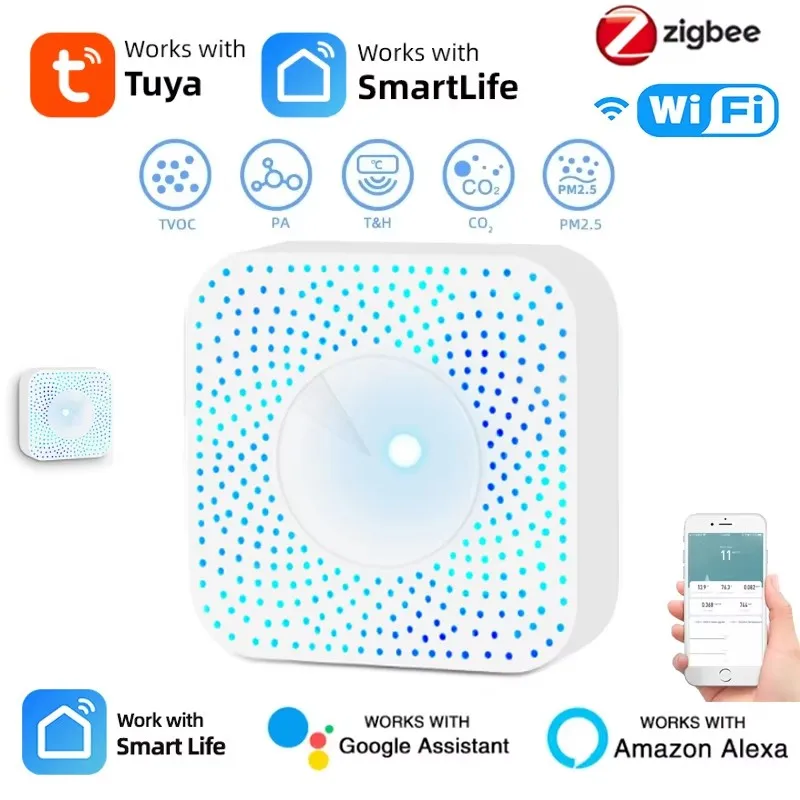 

Tuya ZigBee/WiFi Air Quality Detector PM2.5 Formaldehyde VOC CO2 Temperature Humidity 6in1 Smart Air Box Sensor Via Alexa Google