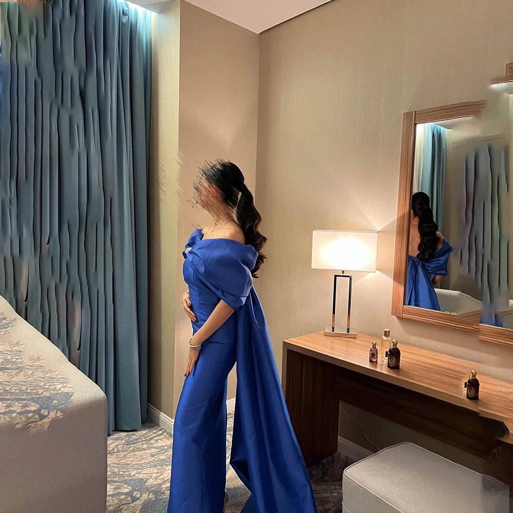 Vestidos de noche azul real con hombros descubiertos, vestidos de fiesta de sirena sin mangas con lazo con cuentas, vestido para ocasiones especiales personalizado