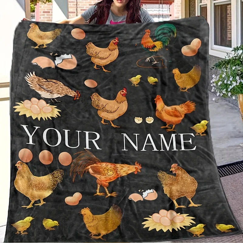 1pc Custom Chicken Pattern Personalized Name Throw Blanket Vintage Style Flannel All Seasons Multipurpose Animal Theme Bedding