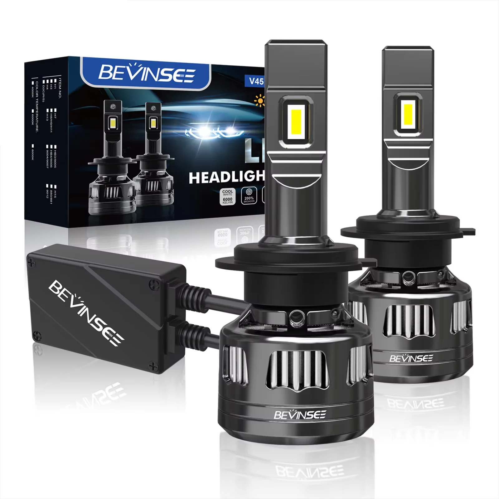 BEVINSEE V45 H7 LED Headlights H4 High Low Beam 120W 22000LM CANBUS H11 H1 9005 HB3 9006 HB4 H8 H9 9012 Auto LED Headlamp Bulbs