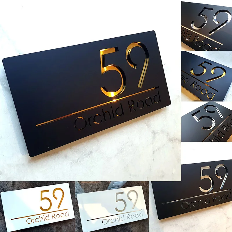Spersonalizowany zewnętrzny pływający znak z numerami domów Matowy czarno-biały lustrzany złoty srebrny Zewnętrzna tablica domowa 280 mm x 150 mm Tablica