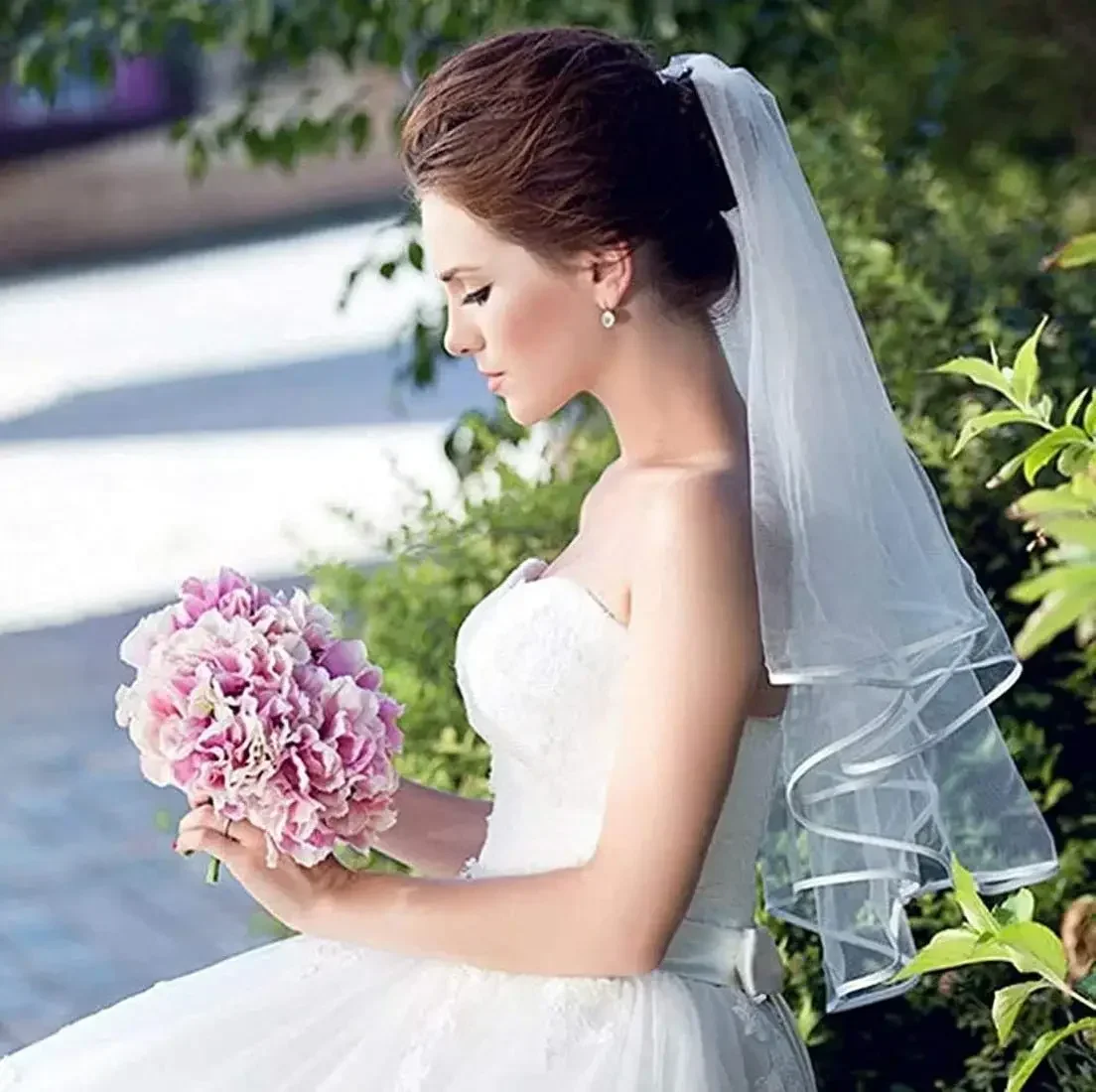 

White Double Ribbon Edge Center Cascade Bridal Wedding Veil with Metal Comb