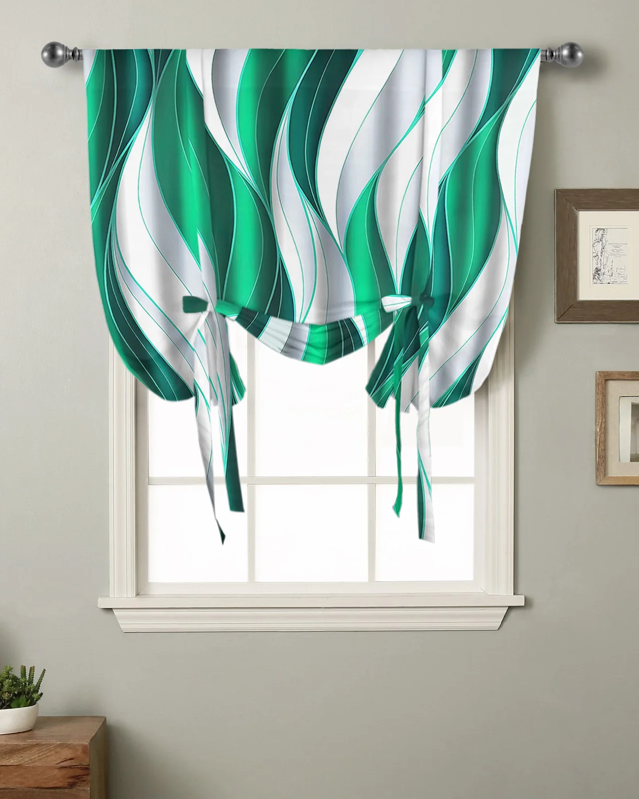 

Abstract Gradient Line Color Block Twisted Green Kitchen Short Window Curtain Home Decor Small Window Roman Tie Up Curtains