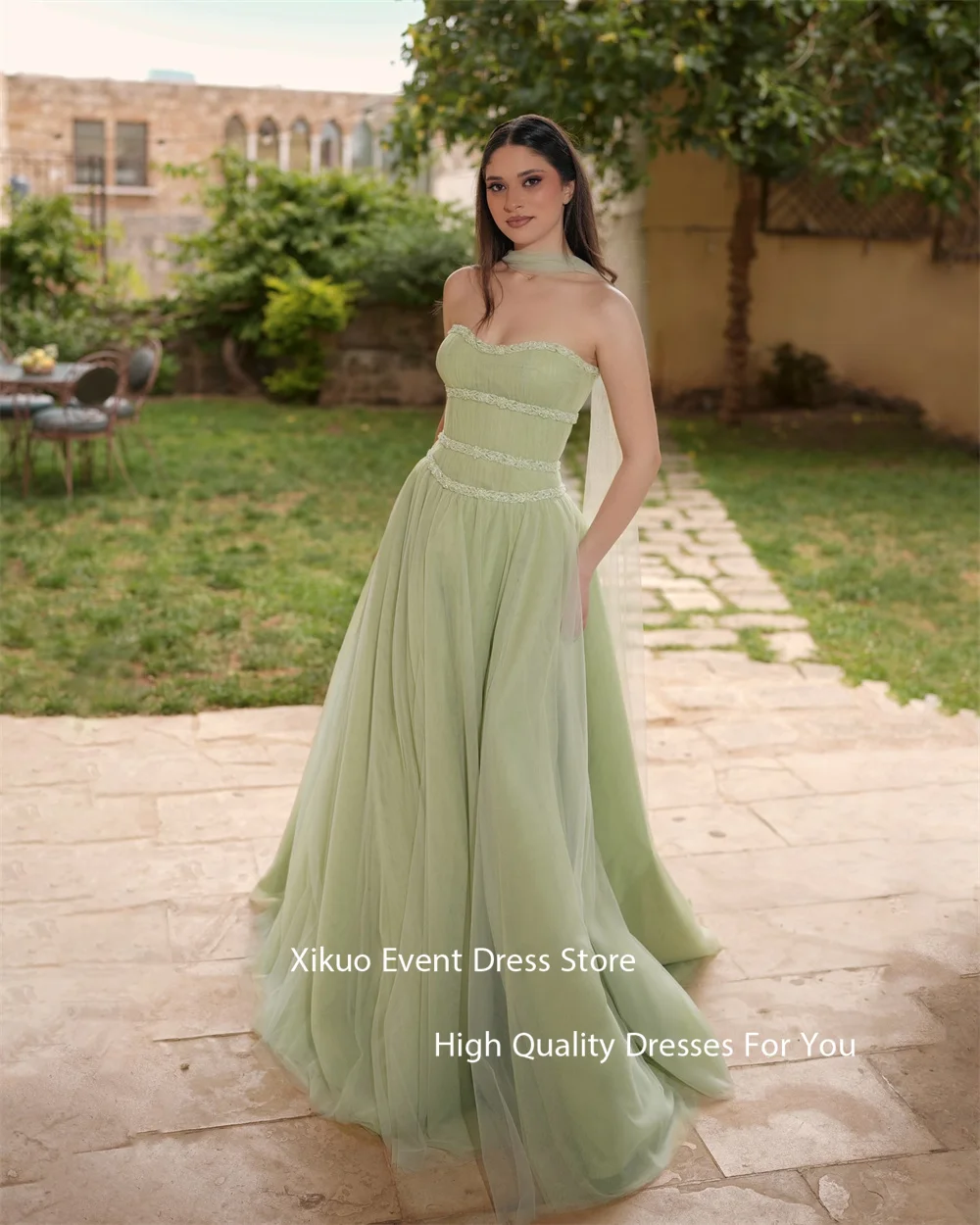 Xikuo Простые тюлевые мятно-зеленые вечерние платья женские длиной до пола, трапециевидные платья Vestidos De Gala без бретелек, платья для выпускного вечера по индивидуальному заказу