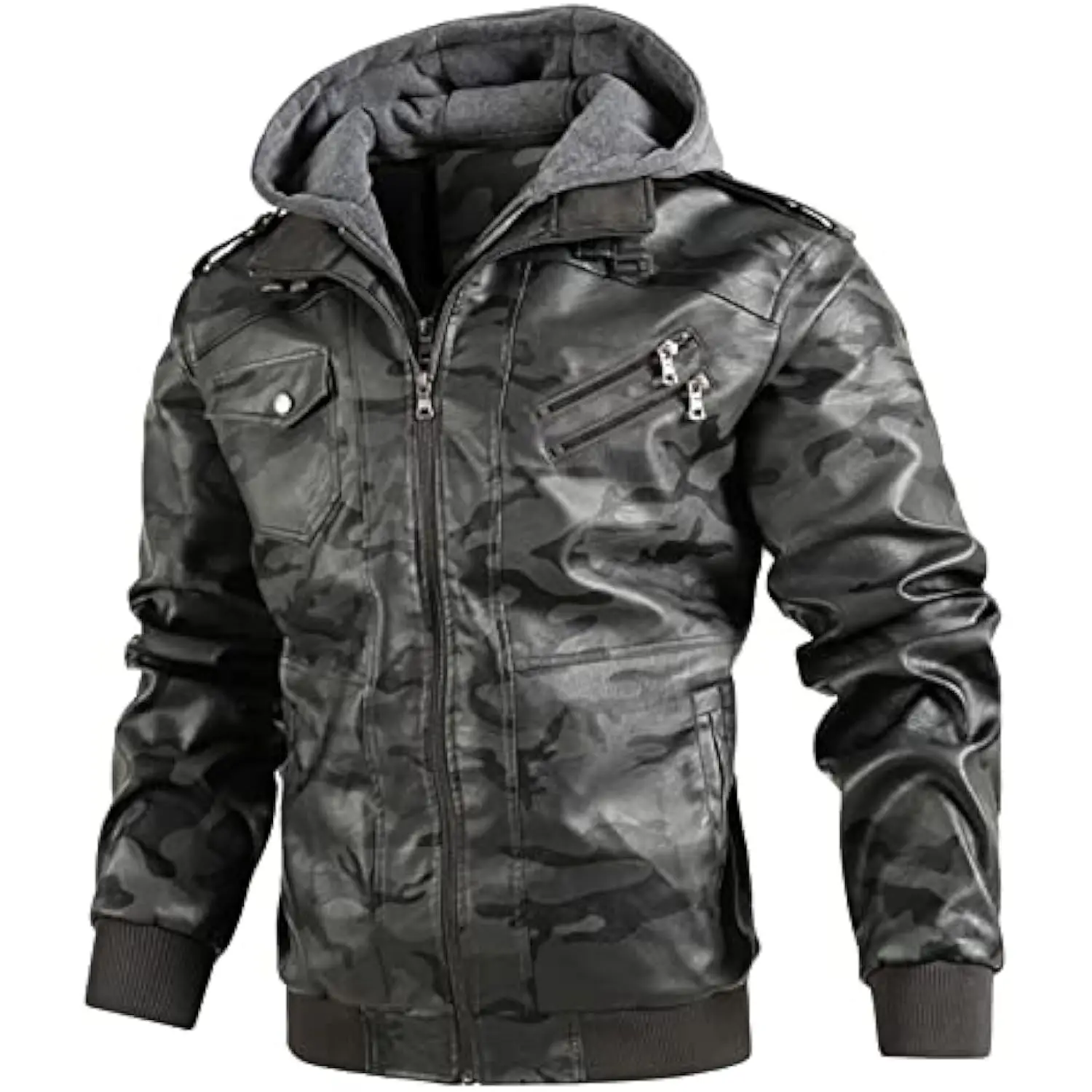 

Faux Leather Windproof Bomber Coat Vintage Hoodie Removable Hood Camouflage Casual Leather Coats Motorcycle Jacket for Men