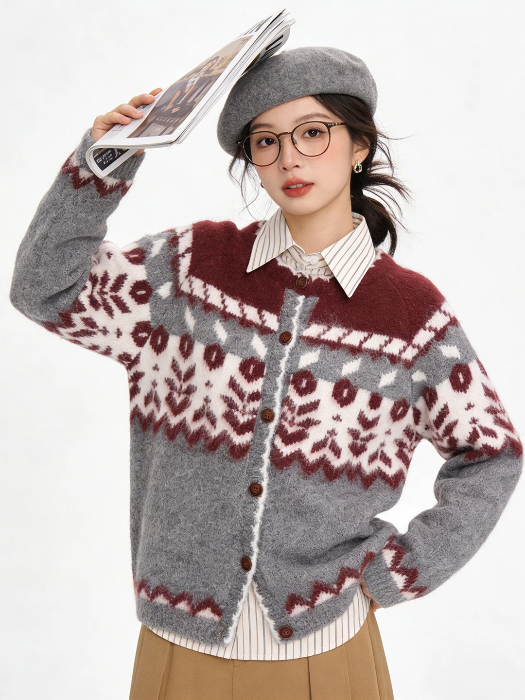 

Soft Floral Knit Sweater Coat Vintage Winter Fair Isle Color Blo Warm Cardigan Youthful New Year's Aosphere Women's Faion